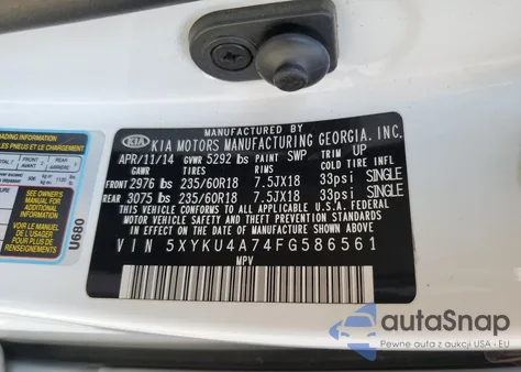 2015 Kia Sorento Ex z USA, uszkodzony, nr VIN 5XYKU4A74FG586561